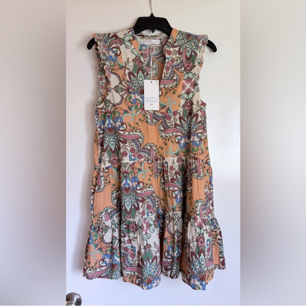 Caroline Constas Peach Multi Paisley Sleeveless Tiered Dress